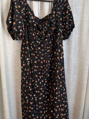 Black Floral Puff Sleeve Midi Dress